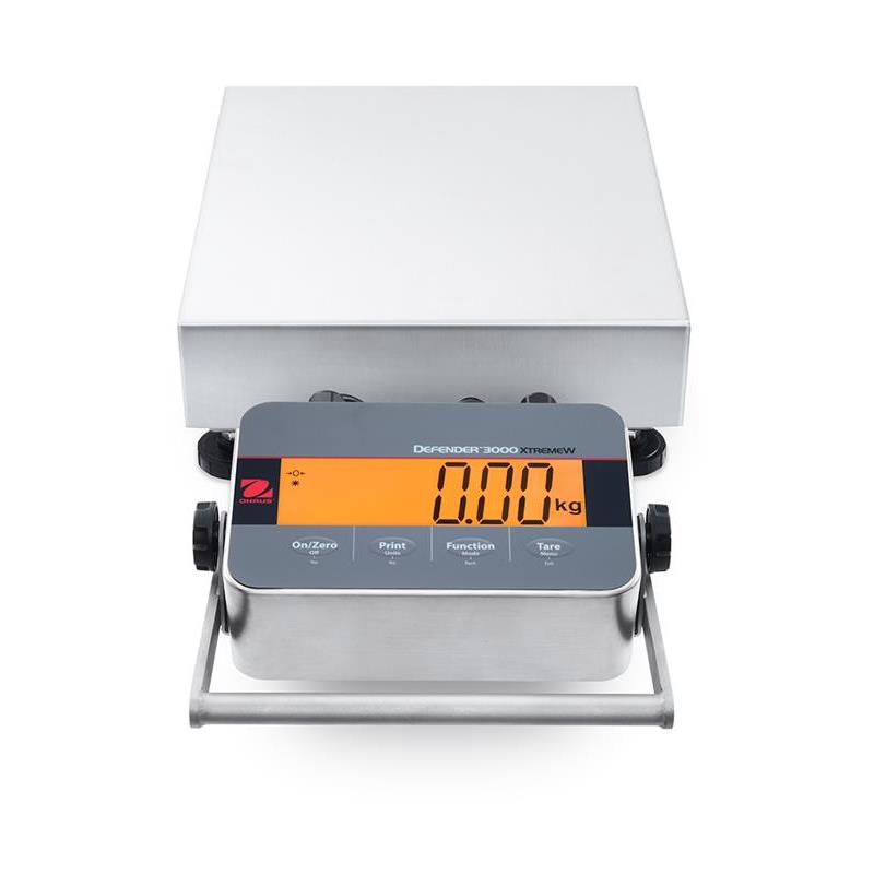Bench scale Ohaus Defender 3000, 60kg/20g, 305x355 mm. Washdown, stainless steel IP66. Verified.